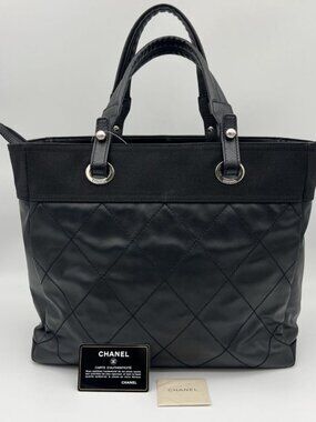 Chanel Paris Biarritz Tote MM 2-Way Nylon Leather Black Silver